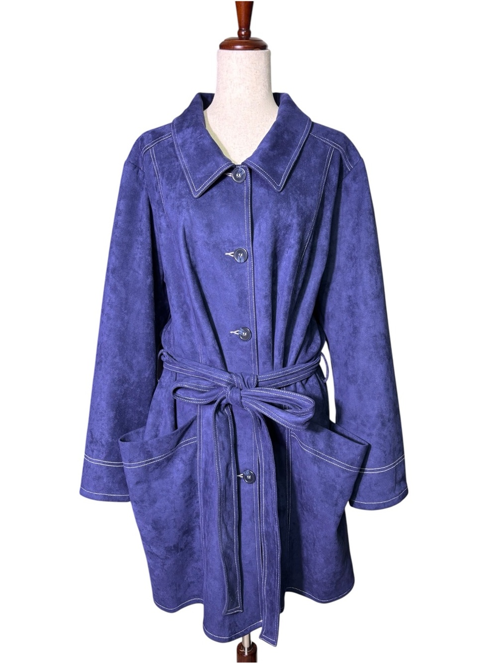 ModCloth Blue Purple Faux Suede Belted Trench Coat Jacket Retro Size 4X